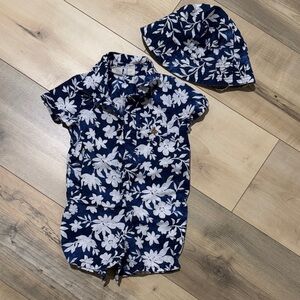 Gap Floral Blue and White Baby Romper with Hat
